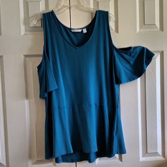XL Isaac Mizrahi Blue Cold Shoulder Peplum Top NWOT - Picture 2 of 3